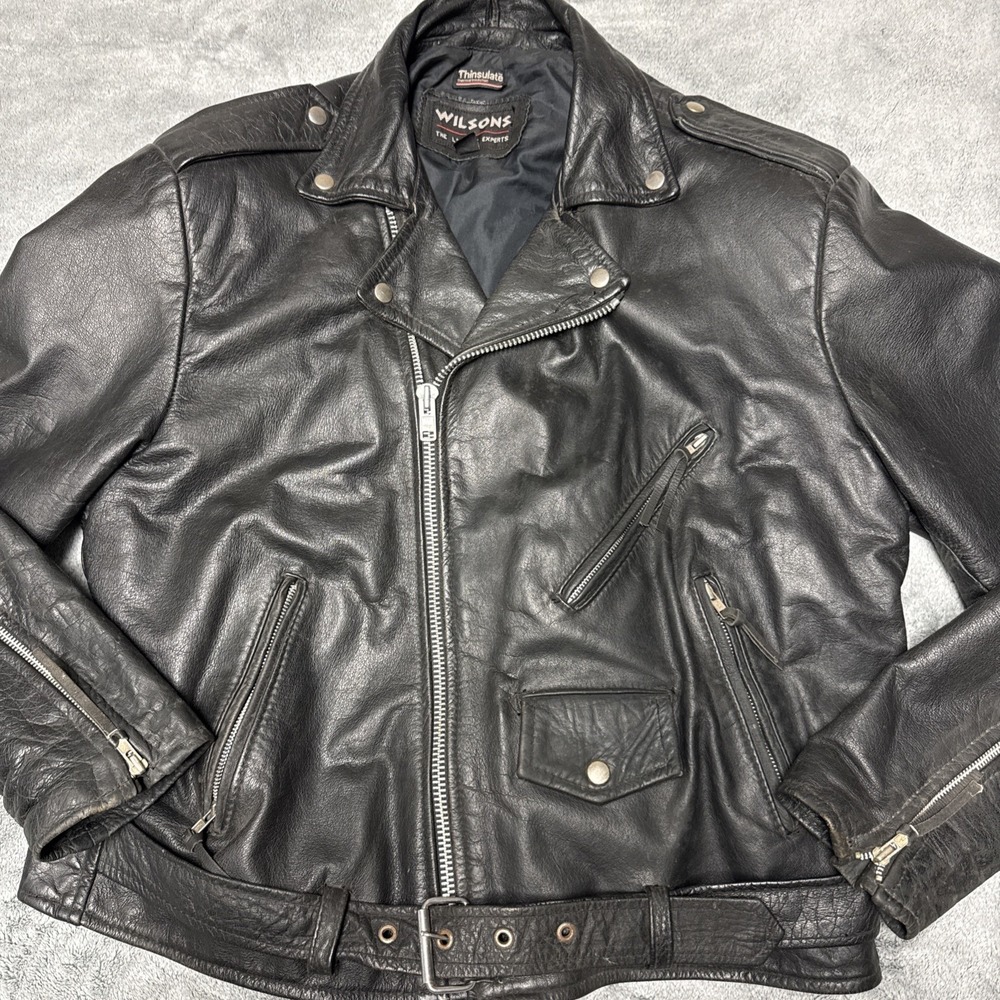 Vintage 90s Wilsons Leather Biker Jacket Men's XXL Black Thinsulate